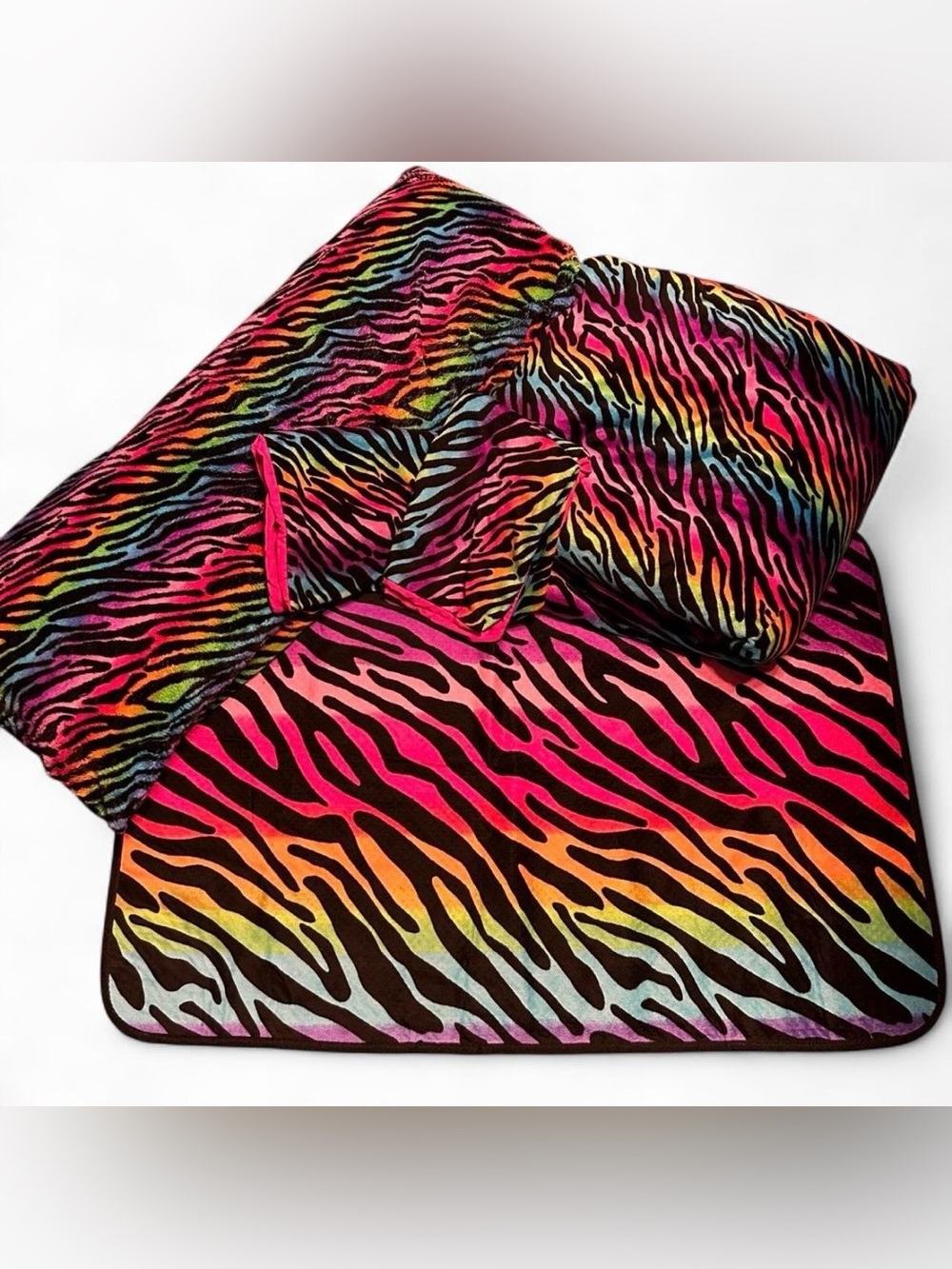 Y2K Rainbow Zebra Print Bedding Set - OG fleece top